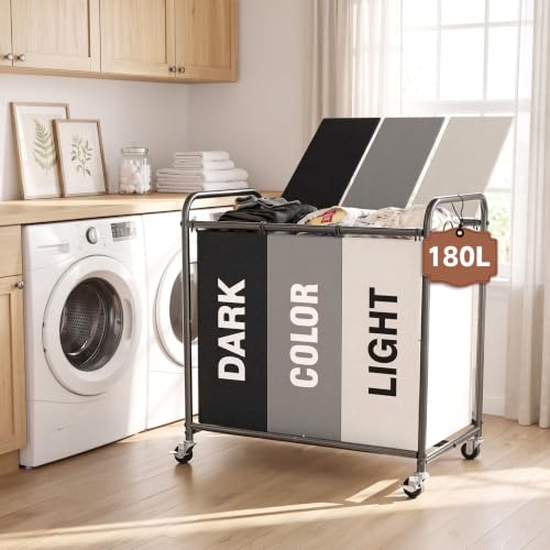 YKDIRECT 180L Multicolor 3-Section Laundry Hamper with Wheels & Lid - 47.55Gal Capacity
