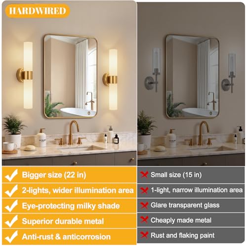 Meybiok Brushed Gold & Milky White Glass Wall Sconces Set of 2, Modern Bathroom & Living Room Lighting - Hardwired 22 Inch