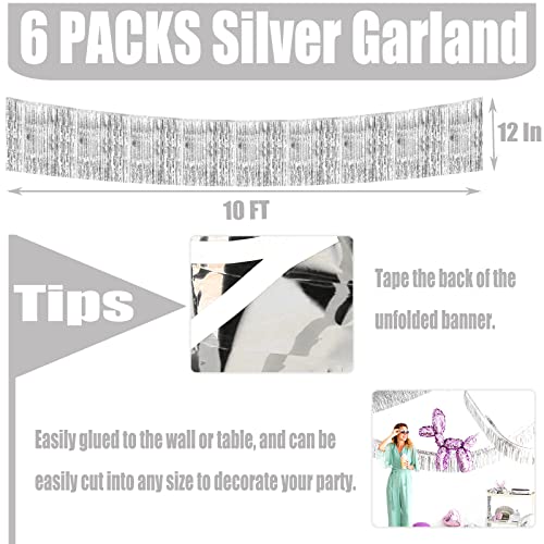 AIKENLIN 6 Pack Silver Foil Fringe Garland 10ft Tassel Banner Wall Hanging Backdrop