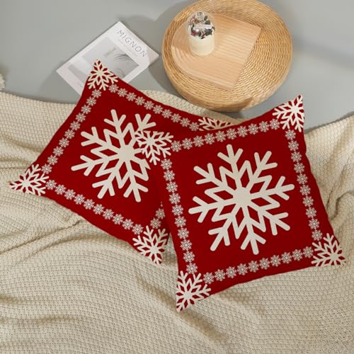 Christmas Pillow Covers - 20x20 Set of 2 Winter Snowflake Pillowcases - Red Throw Pillows - Farmhouse Holiday Linen Decorations - Outdoor Cushion Covers for Sofa Couch Home