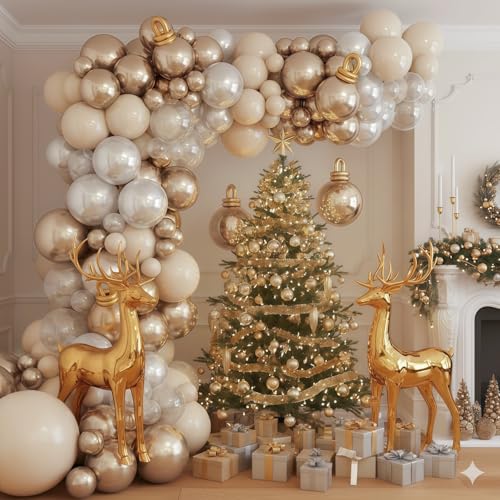 Christmas Balloon Arch Garland Kit, Pearl White Sand Metallic Gold