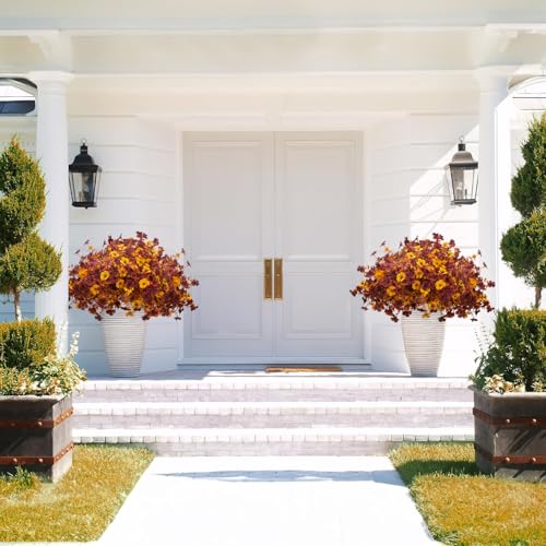 Fall Artificial Mum Flowers with Eucalyptus - 16 Bundles Autumn Faux Decor, UV Resistant for Front Door Porch & Patio - Orange, Yellow & Red