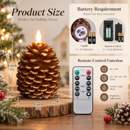 Fo32won Brown Pine Cone Flameless Candles with Remote, Real Wax, 4-inch