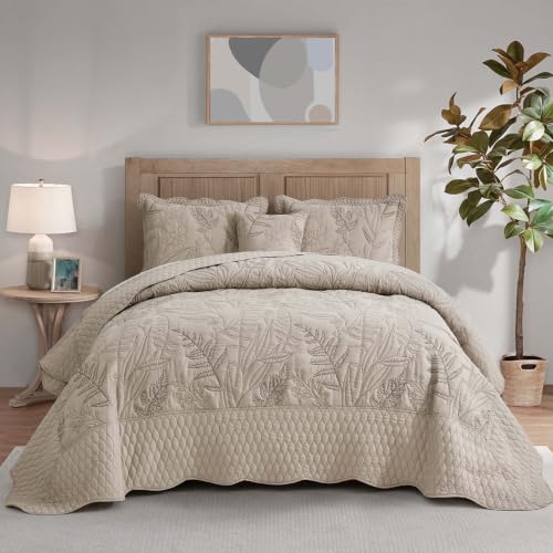 Oversized Full Bedspread Set with Leaf Stitching and Shams - Taupe, 5 Pieces - Variation of THIS listing