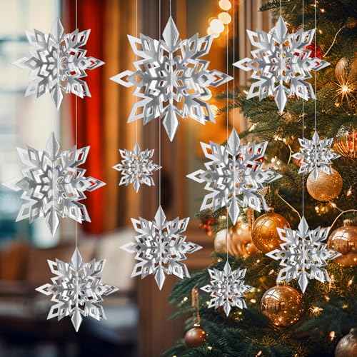 18pcs 3D Silver Large Paper Snowflakes Hanging Snowflake from Ceiling Christmas Hanging Decorations Winter Wonderland Supplies
