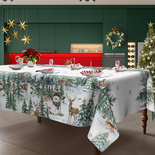 LEWARAN Christmas Tablecloth 52x70 Rectangular Snowmen & Deer Polyester