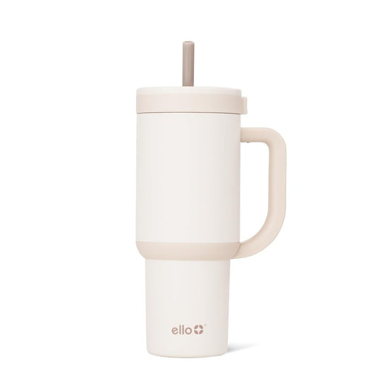 Ello Oasis 24 oz Tumbler with Handle & Retracting Straw | Reusable Insulated Stainless Steel Cup 100% Leakproof, Gifts for Teens Women Men | Keeps cold for 24 Hours, Cup Holder Friendly, Cream Tonal