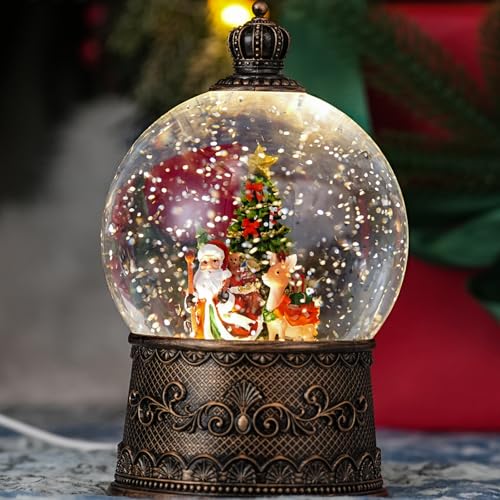 Qukulov Santa Snow Globe with Reindeer - Light Up 8-Carol Music, USB/Battery Operated