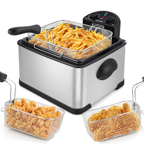 4.4 Quart Stainless Steel Deep Fryer with 3 Baskets, Timer, Odor Filter - Silver