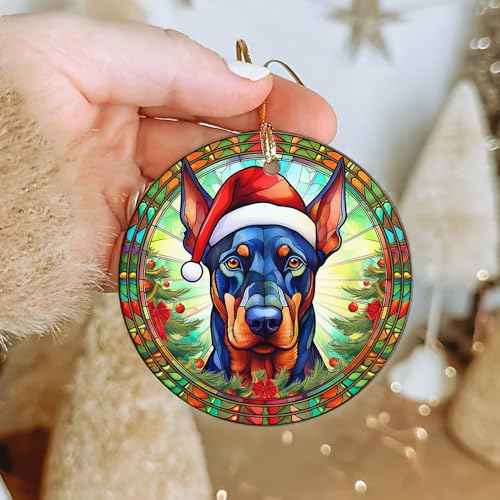 2025 Christmas Ornament - Cute Christmas Santa Hat Doberman Dog Ceramic Ornament, Doberman Christmas Decoration, for Dog Lovers, Family, Friends