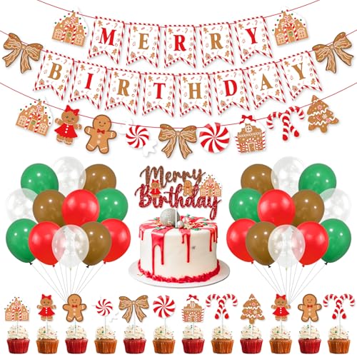Christmas Birthday Party Decorations Kit with Banners Balloons Gingerbread Theme