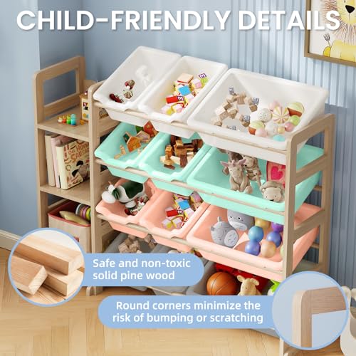 Kids Toy Storage Organizer with 3 Shelves & 12 Bins - Multi Color, Solid Pine Wood