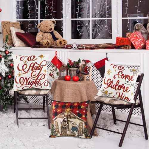 4pcs Christmas Pillow Covers 18x18in O Holy Night Jesus Buffalo Plaid Stars Throw Pillow Covers Xmas Winter Holiday Seasonal Cushion Case Decorations for Farmhouse Couch Sofa Home Decor