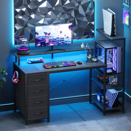 51 Inch Gaming Desk with Drawers & PC Tower Stand LED Lights, Black