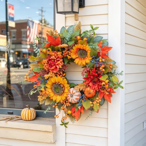 24 Inch Fall Wreath for Front Door with Sunflowers & Maple Leaves