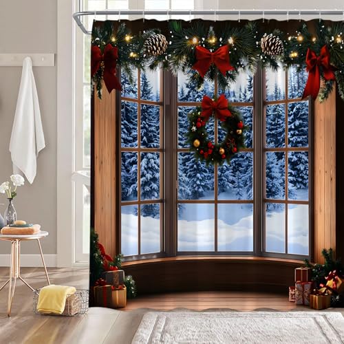 Blue Winter Christmas Shower Curtain 70x70 Inches with Hooks - Holiday Bathroom Decor