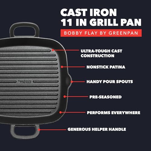 11-Inch Square Cast Iron Grill Pan - Pre-Seasoned Non-Stick Cookware with High Ridges
