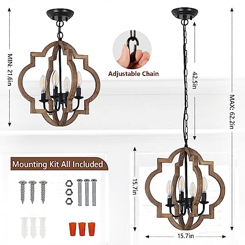 Brown Farmhouse Chandelier Light Fixture - 4-Light Rustic Wood Pendant for Dining Room & Kitchen