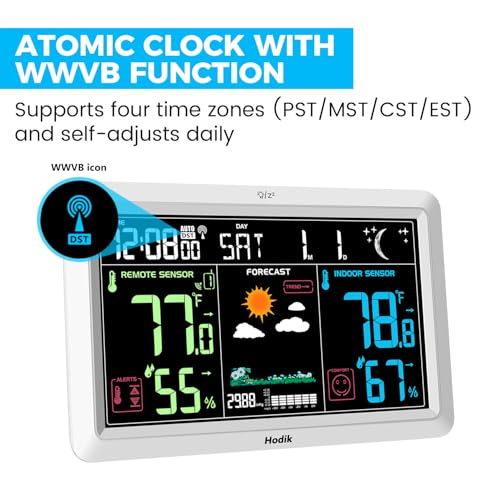 HODIK White Wireless Indoor Outdoor Weather Station with Atomic Clock & Color Display