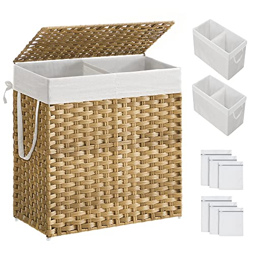 SONGMICS Natural 110L Double Wicker Laundry Hamper with Lid & 6 Mesh Bags