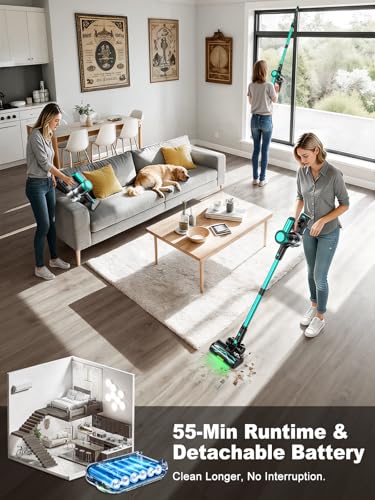 Cordless Vacuum Cleaner 58KPa/10-in-1 Stick Vacuum with LED Light, 55 Min Runtime, Army Green