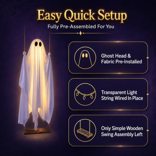 HAPPYCLUB 5ft Pre-Assembled Swing Ghost Halloween Decor Outdoor Yard with Remote Lights
