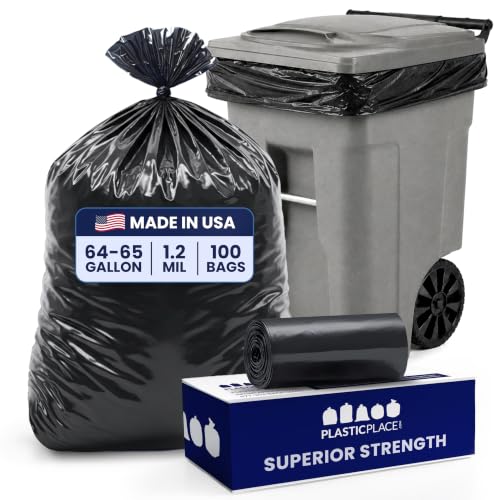 Plasticplace 64-65 Gallon Heavy Duty Trash Bags Rolls 1.2 Mil Black Fits Toter Can, 100 Count