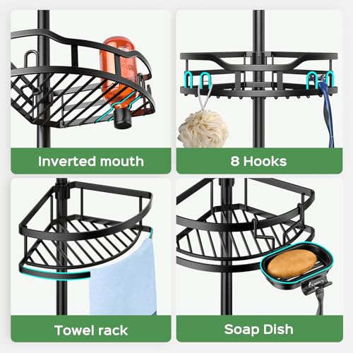 HAMITOR Black 4-Tier Shower Tension Pole Caddy Bathroom Organizer Shelf