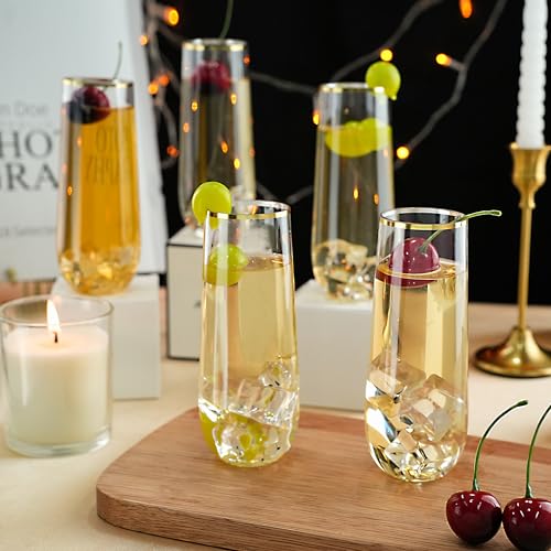 Bestluck 48 Pack 9 oz Disposable Plastic Champagne Flutes Gold Rim for Parties