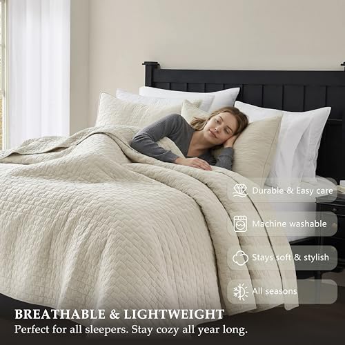 Palassio Beige 100% Cotton Quilt Set Queen Size with Pillow Shams - Lightweight Textured Bedspread, All-Season Comfort, 3 Pieces (Block-Beige / Queen 90"x96")