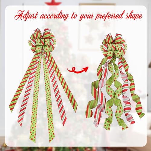 HOHOTIME Christmas Tree Topper Bow Large Green Bow Tree Topper, Polyester with Red and Green Dots and Stripes for Xmas Home Wedding Thanksgiving Indoor Outdoor Decoration 52 "x13.7