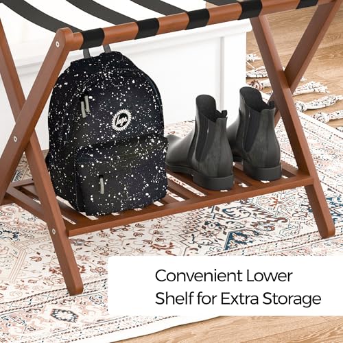Natuvite Foldable Bamboo Luggage Rack with Storage Shelf - Chestnut Brown 1Pcs