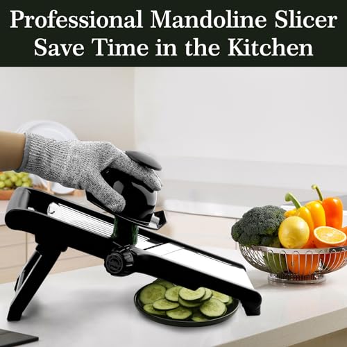 VEKAYA Mandoline Slicer for Kitchen - Stainless Steel Vegetable Slicer with Safety Gloves, Black/Silver
