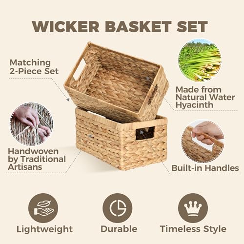 Set of 2 Water Hyacinth Wicker Storage Baskets with Handles - Natural Organizers for Shelves & Home