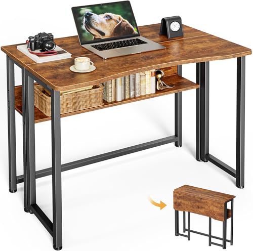 Huuger Rustic Brown 31.5 Inch Folding Desk with Storage Shelf, Compact Home Office Table