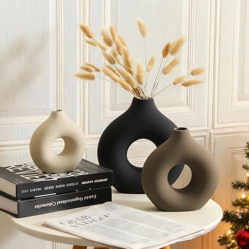 Vanselia Classic Ceramic Vase Set of 3 - Modern Donut-Shaped Table Decor