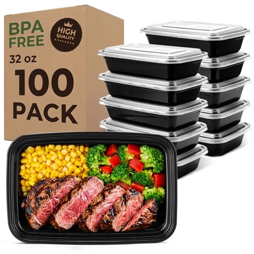 32oz Meal Prep Containers with Lids - 100 Pack, Airtight, Reusable, Food-Grade Plastic
