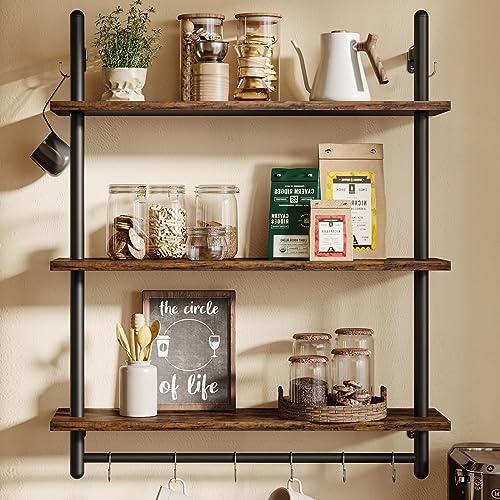 Wall-Mounted Industrial Pipe Shelving with Towel Bar - Rustic Brown, 31.5 Inch