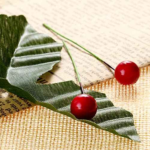 dophee 50 Pack Artificial Red Berry Stems and 50 Pack Green Leaves, Christmas Holly Berry Branches for Party Holiday Home Decoration and DIY Garland and Wreath Ornaments