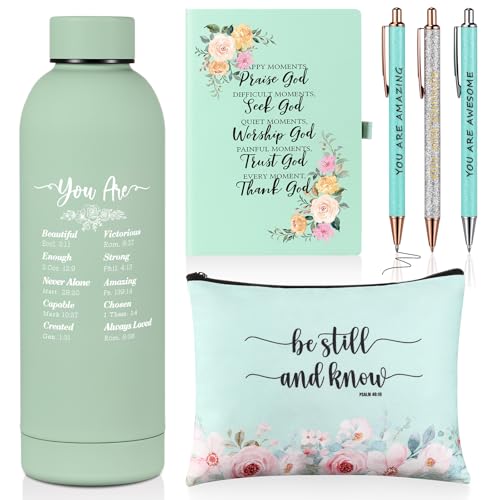 LemonRoad Green 6-Piece Christian Gift Set: 17oz Stainless Water Bottle + Cosmetic Bag, Notepad & Pens