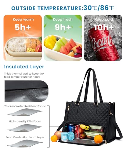 Insulated Lunch Tote Bag for Women - 15.6 Inch Laptop & Purse - Black