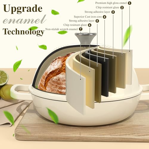 Enamelled Cast Iron Bread Oven 6 Qt Dutch Oven with Dome Lid & Cotton Potholders - Cream White