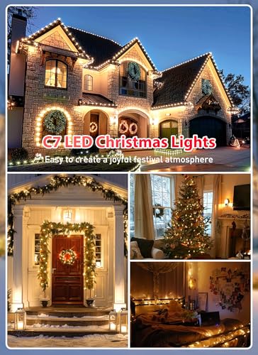 Brightown Outdoor C7 LED Christmas Lights 100ft Warm White with Spare Bulbs