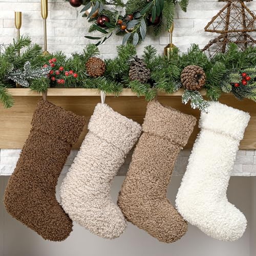 4 Pack Christmas Sherpa Stockings 20 Inch Faux Fur Fireplace Decor
