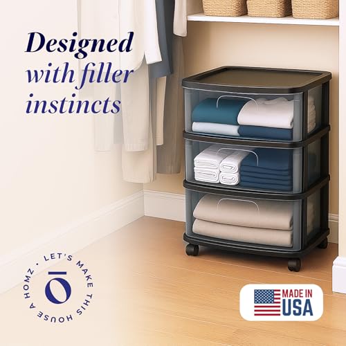 HOMZ 3-Tier Storage Cart with Removable Wheels - Black Frame, Multi-Purpose Portable Organizer