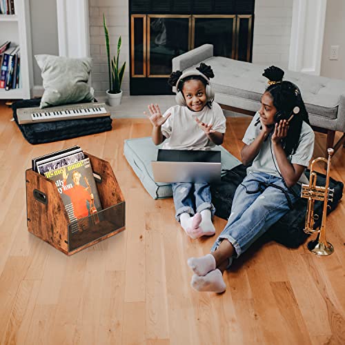 Homeiju Rustic Brown & Black Vinyl Record Storage Crate Holds 60 Records