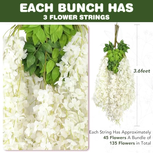 Artificial White Wisteria Hanging Flowers 12-Pack - Decorative Faux Vines for Wedding and Party Decor