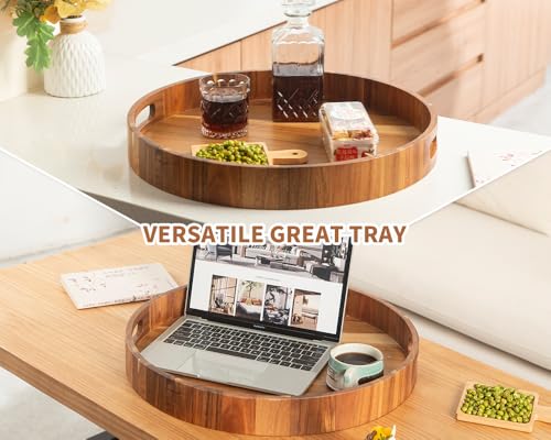 22-Inch Round Acacia Wood Ottoman Serving Tray with Handles - Large Decorative Organizer