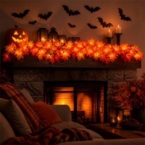 2 Pack Plug-in Fall Garland with 50 Orange Incandescent Lights, 9FT Indoor Outdoor Halloween Thanksgiving Decor