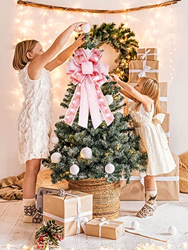 SONGTIY Large Pink Christmas Tree Topper Bow - Handmade Holiday Decoration